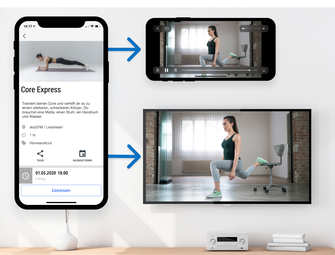 Einfach für Mitglieder Workouts aus der App streamen Einfach für Mitglieder Workouts aus der App streamen myFitApp@home