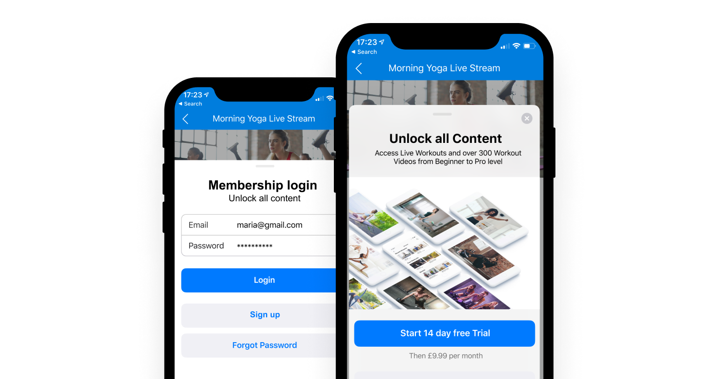 Screens showing in-app purchase - member log in and start trial screen on iPhone