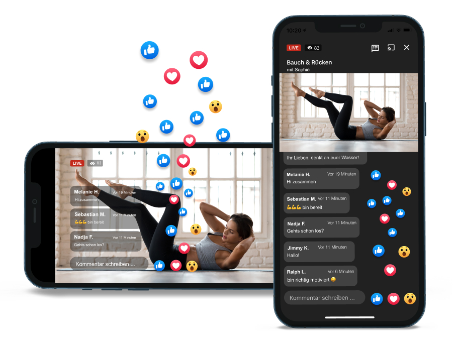 Chat in Livestreams myFitApp@home - Handy quer und hochkant mit Livestream, Chat und Emojistorm