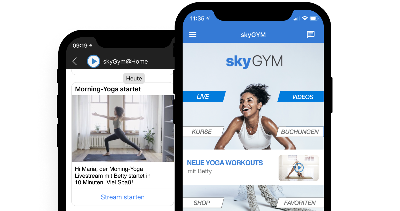 Eingebautes Marketing in @home Videoplattform: 2 Handyscreens mit News zu einem Livestream und Homscreen mit Banner, der auf neue Yoga Workouts hinweist.