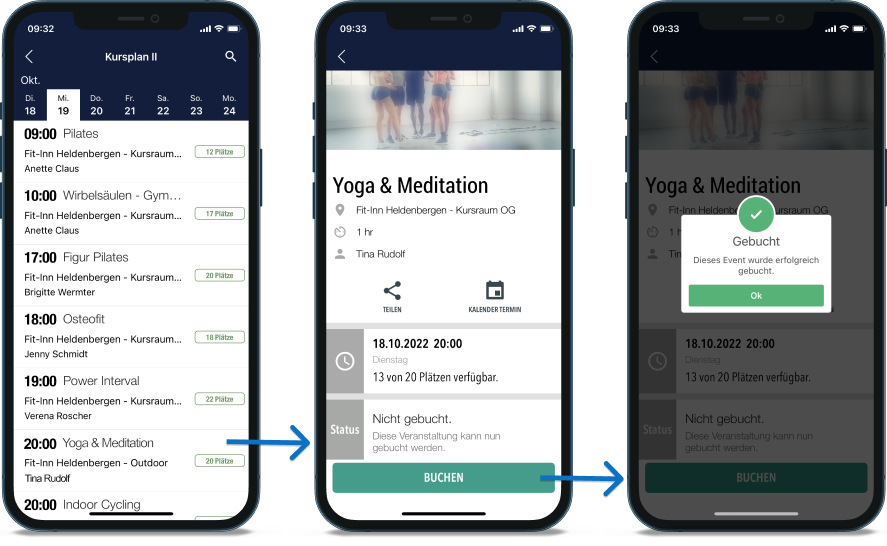 Einfaches Kursbuchen dank Booking Connect: 4 Handscreens, die den Ablauf einer Kursbuchung zeigen