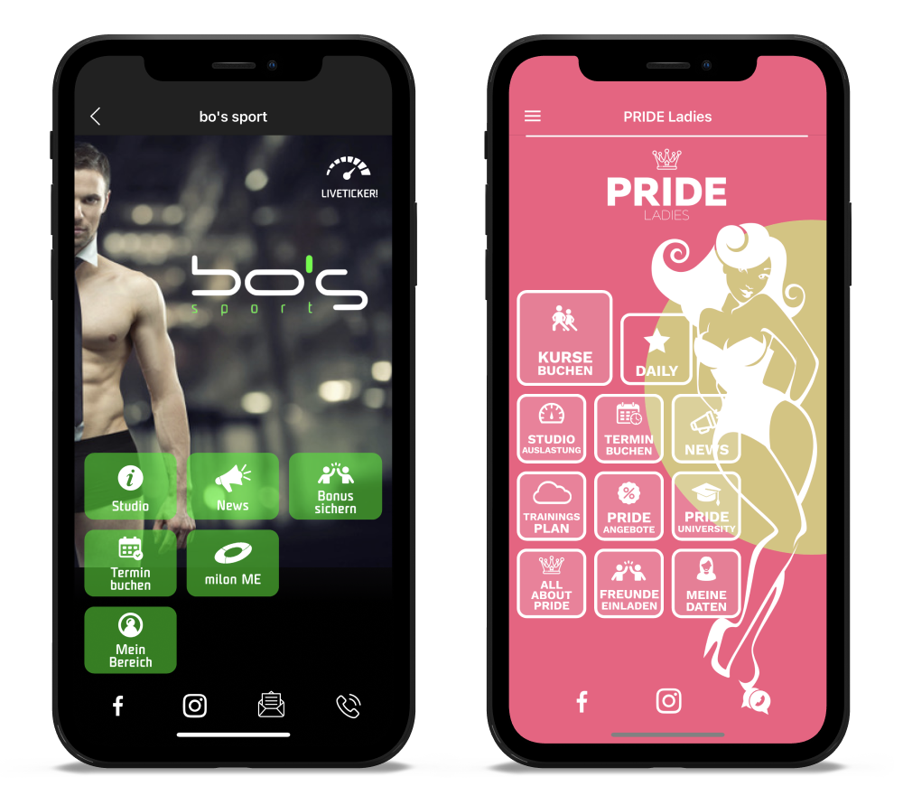 Kontaktseite myFitApp Kunden Homescreens bo's sport und Pride Ladies