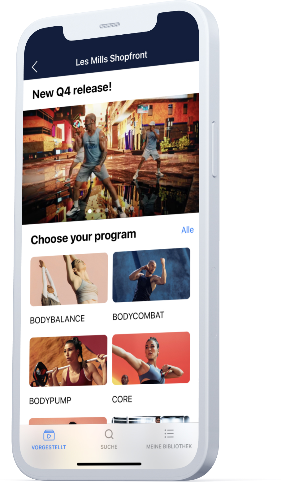 Screenshot in Mockup von LES MILLS Shopfront: myFitApp@home als Alternative zu Training im Studio