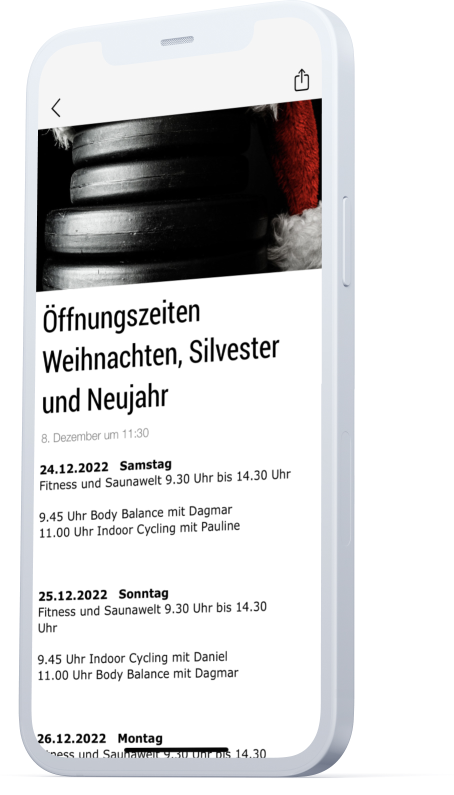 Screenshot in Mockup mit Winternews zum Wechsel der Öffnungszeiten