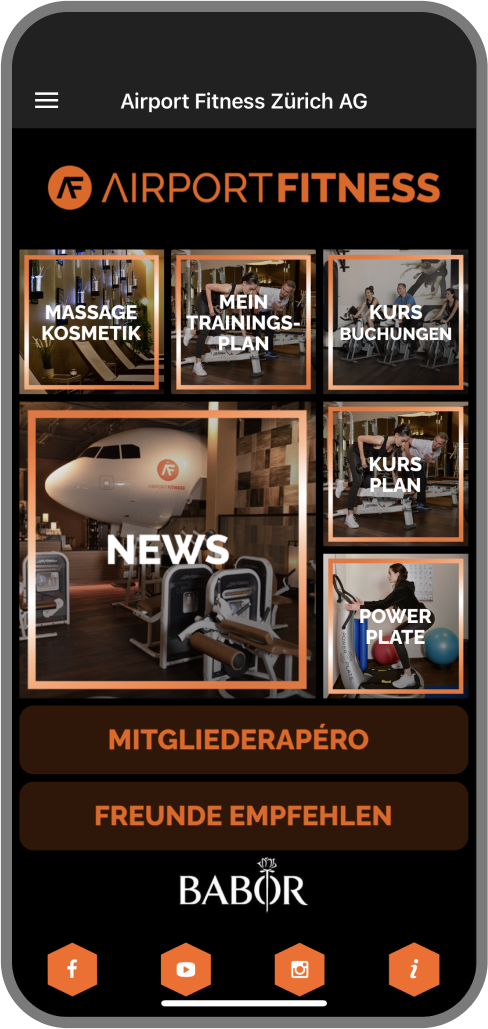 Screenshot der Branded Member App von Airport Fitness - Homescreen myFitApp