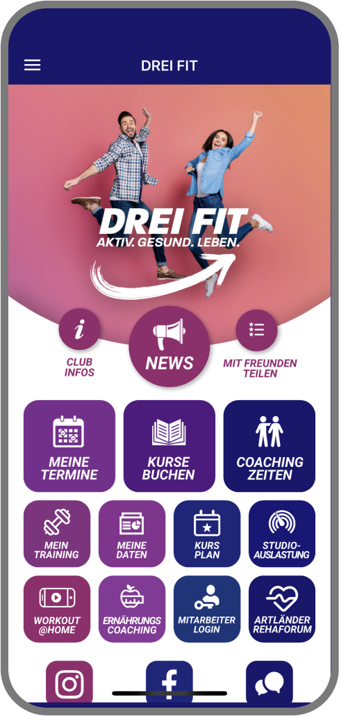 Screenshot der Branded Member App von DREI FIT - Homescreen myFitApp