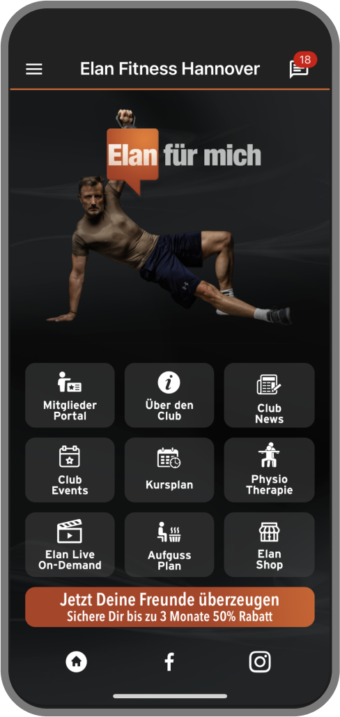 Screenshot der Branded Member App von ELAN - Homescreen myFitApp