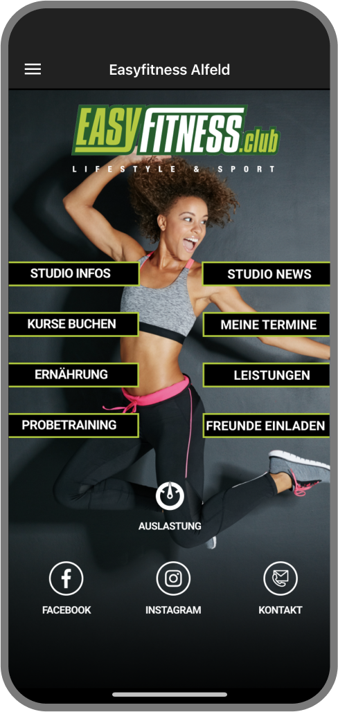 Screenshot der Branded Member App von Easyfitness Alfeld - Homescreen myFitApp