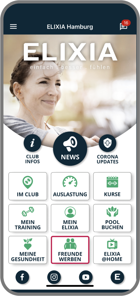 Screenshot der Branded Member App von ELIXIA - Homescreen myFitApp