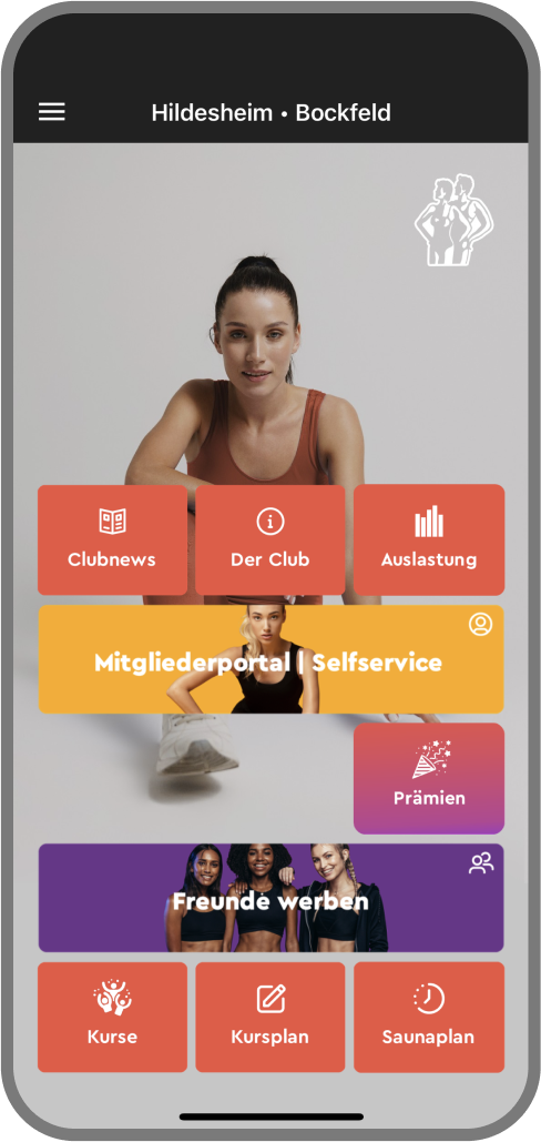 Screenshot der Branded Member App von Fischer Fitness - Homescreen myFitApp