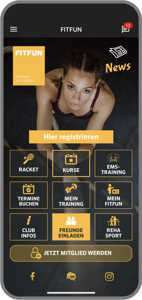 Screenshot der Branded Member App von FITFUN - Homescreen myFitApp