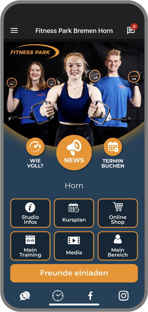 Screenshot der Branded Member App von Fitness Park - Homescreen myFitApp