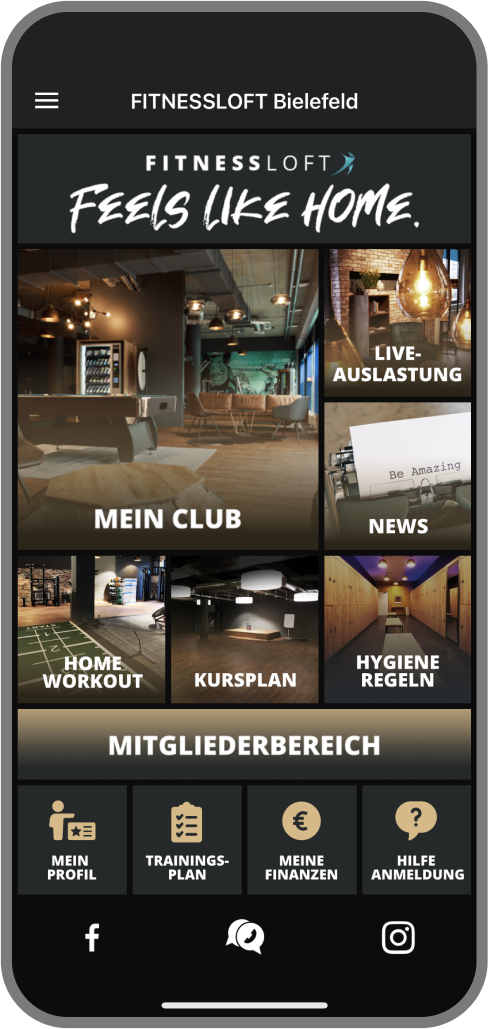 Screenshot der Branded Member App von FITNESSLOFT Bielefeld - Homescreen myFitApp