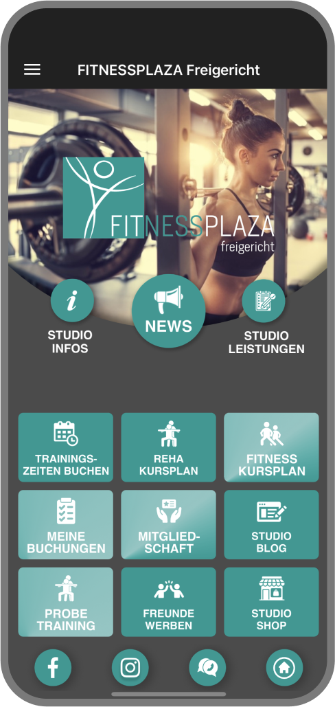 Screenshot der Branded Member App von FITNESSPLAZA - Homescreen myFitApp