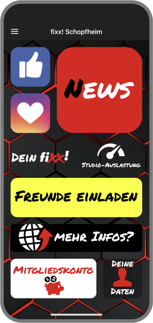 Screenshot der Branded Member App von Fixx! - Homescreen myFitApp