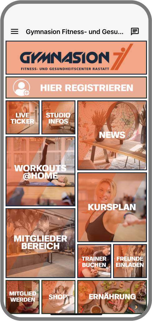 Screenshot der Branded Member App von Gymnasiopn - Homescreen myFitApp