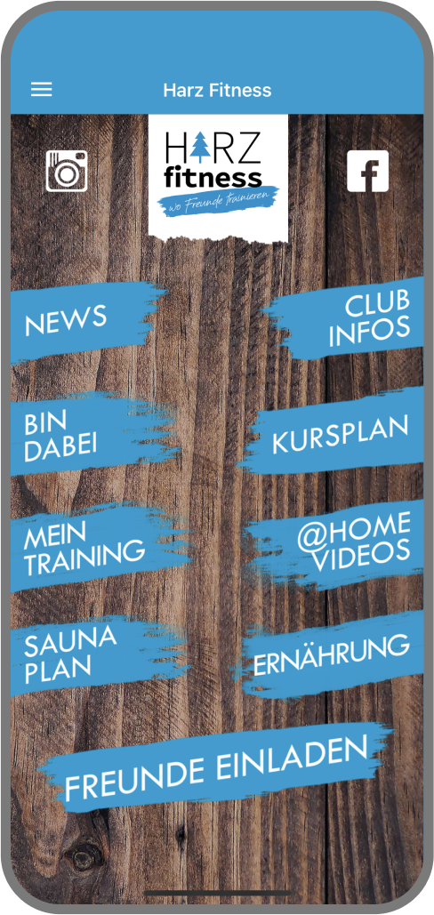 Screenshot der Branded Member App von Harz Fitness - Homescreen myFitApp