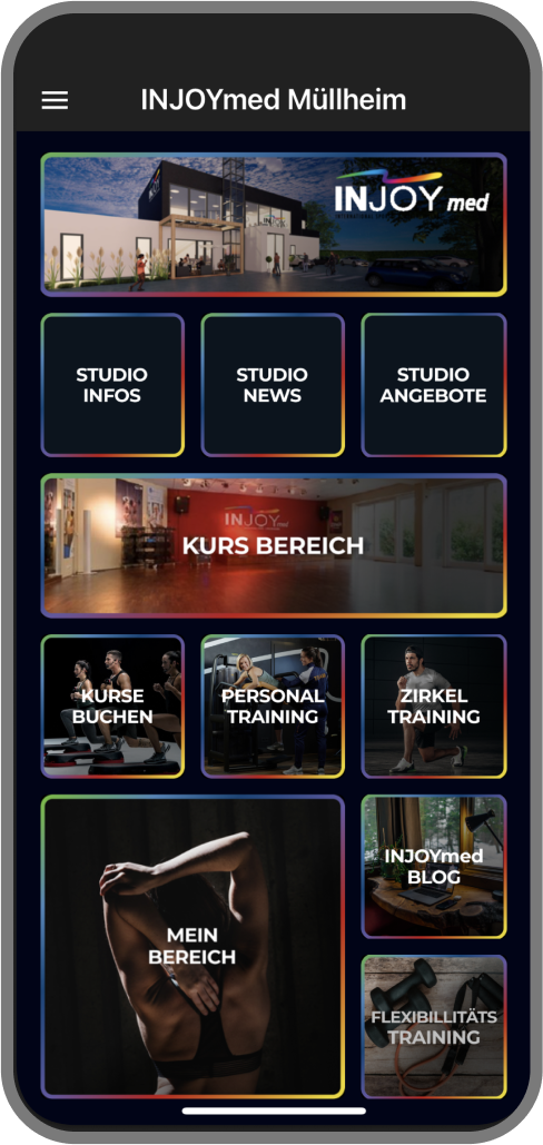 Screenshot der Branded Member App von INJOY Müllheim - Homescreen myFitApp