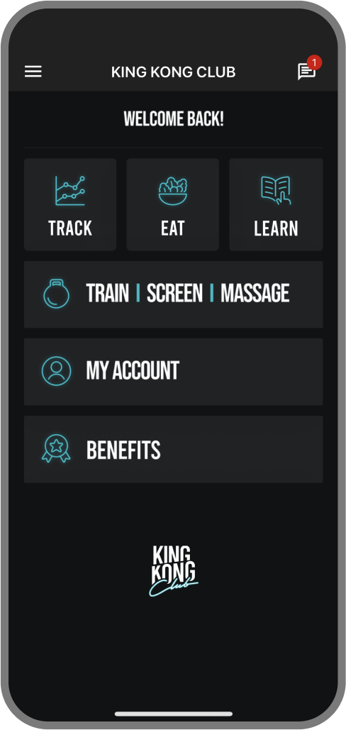 Screenshot der Branded Member App von KING KONG CLUB - Homescreen myFitApp