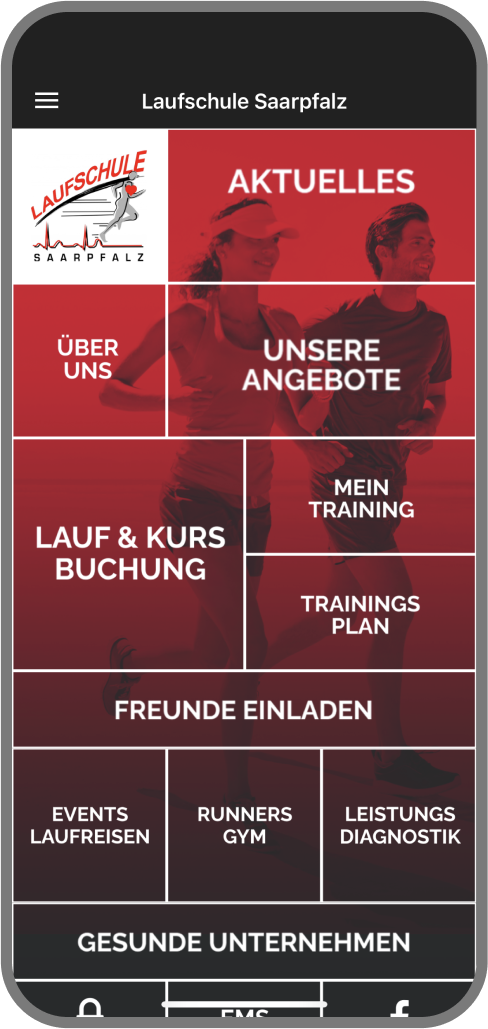 Screenshot der Branded Member App von Laufschule Saarpfalz - Homescreen myFitApp