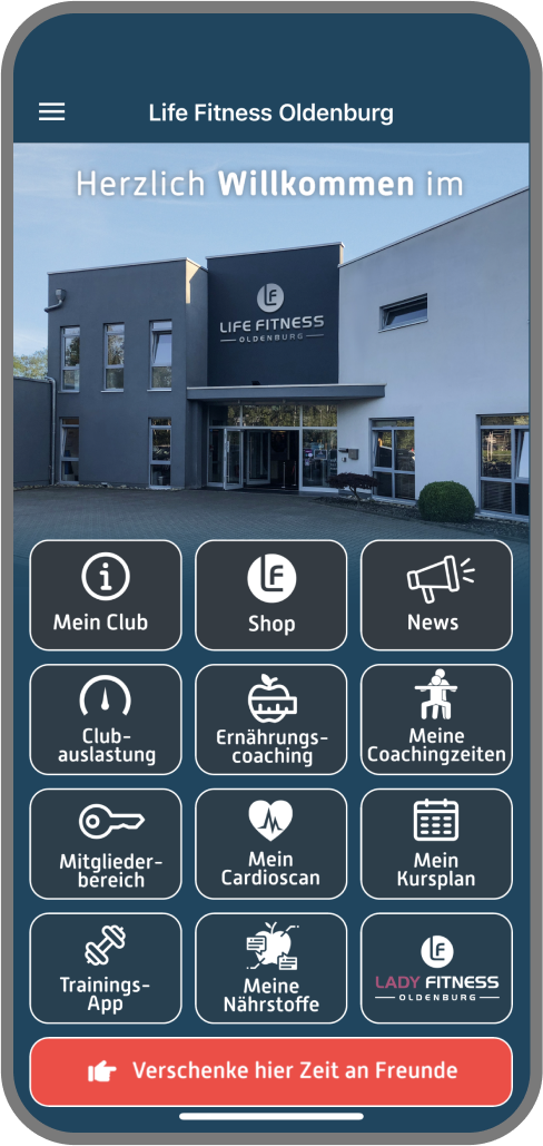 Screenshot der Branded Member App von Life Fitness Oldenburg - Homescreen myFitApp