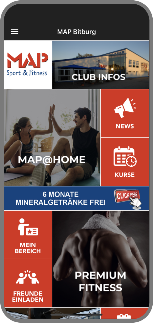 Screenshot der Branded Member App von MAP Bitburg - Homescreen myFitApp