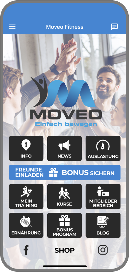 Screenshot der Branded Member App von Moveo - Homescreen myFitApp