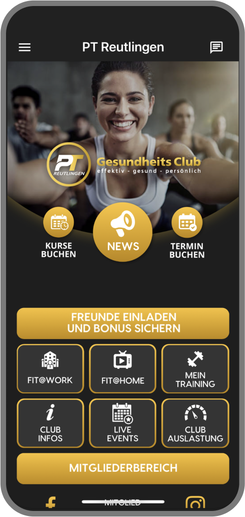 Screenshot der Branded Member App von PT Reutlingen - Homescreen myFitApp