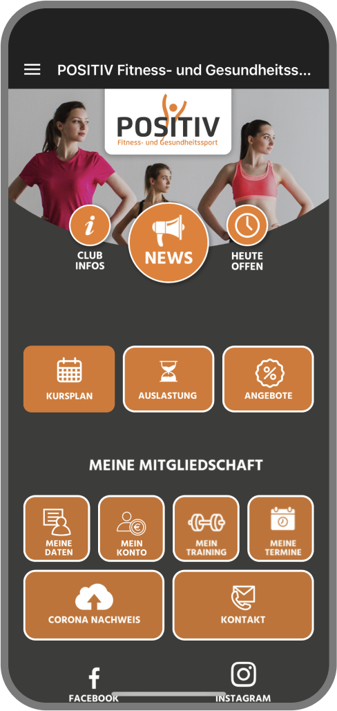 Screenshot der Branded Member App von Positiv Fitness - Homescreen myFitApp