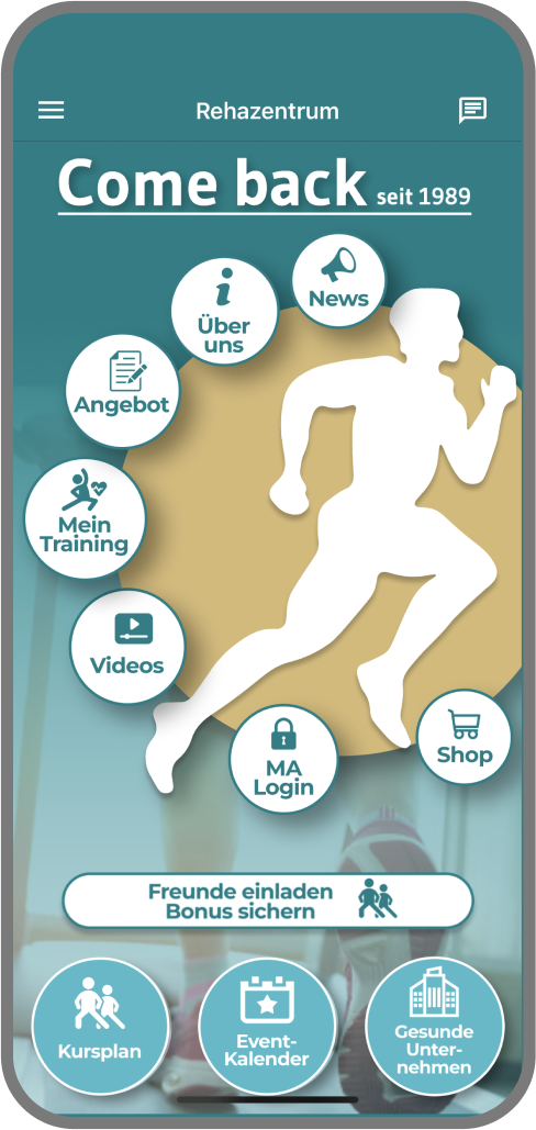 Screenshot der Branded Member App von Rehazentrum Come back - Homescreen myFitApp