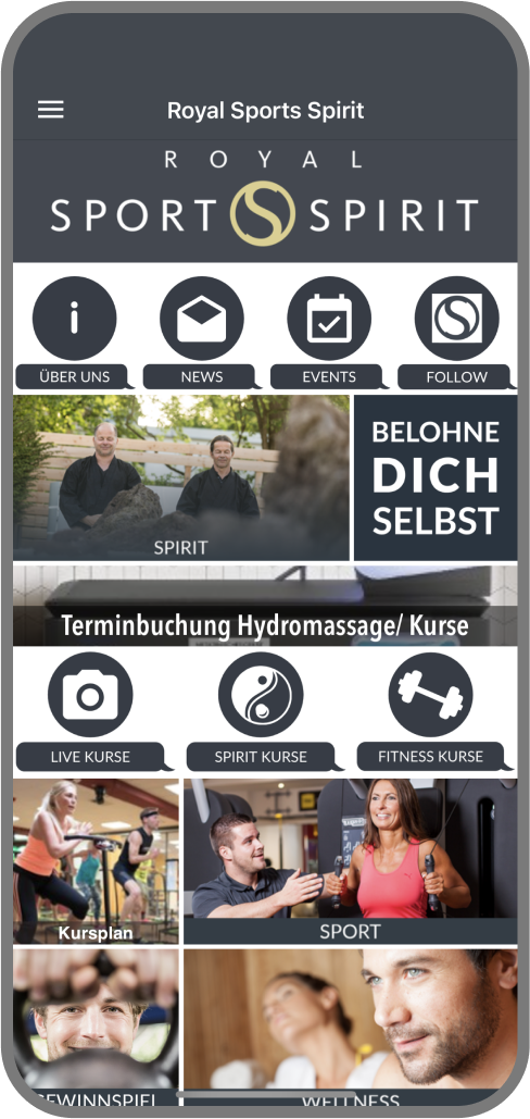 Screenshot der Branded Member App von Royal Sports Spirit - Homescreen myFitApp