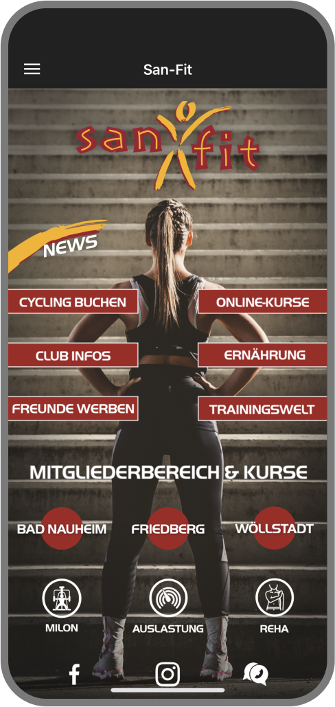 Screenshot der Branded Member App von San-Fit - Homescreen myFitApp