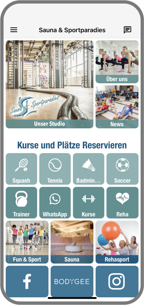 Screenshot der Branded Member App von Sauna & Sportparadies - Homescreen myFitApp