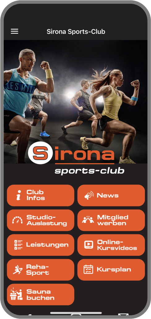 Screenshot der Branded Member App von Sirona Sports Club - Homescreen myFitApp