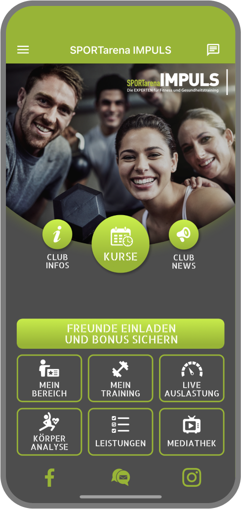 Screenshot der Branded Member App von SPORTarena IMPULS - Homescreen myFitApp