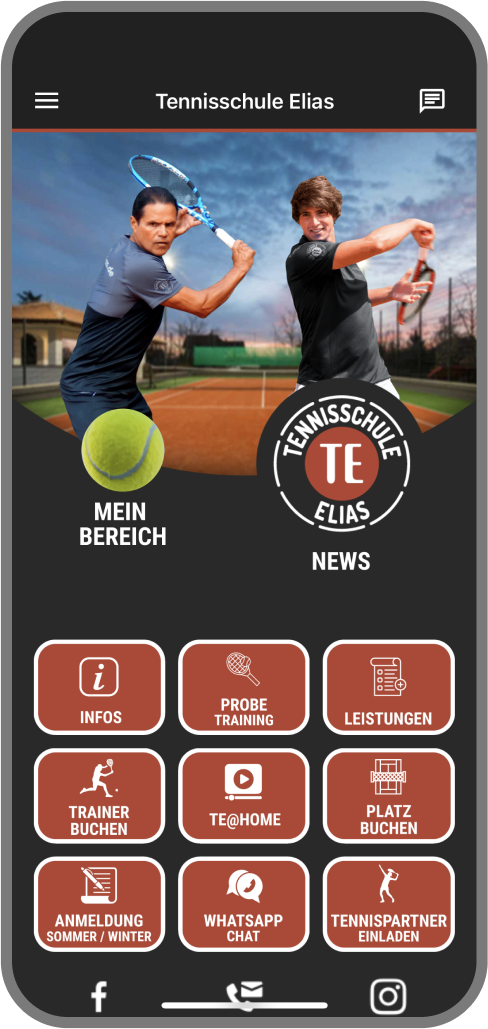 Screenshot der Branded Member App von Tennisschule Elias - Homescreen myFitApp