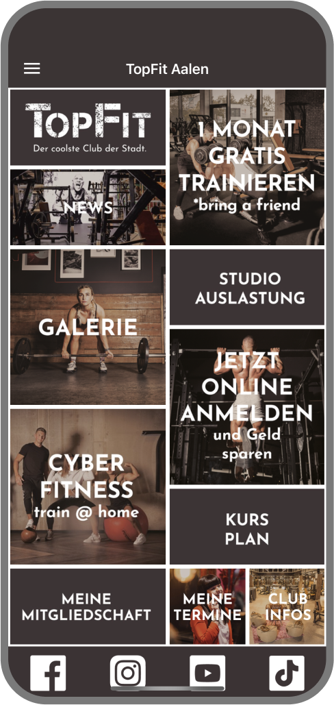 Screenshot der Branded Member App von TopFit Aalen - Homescreen myFitApp