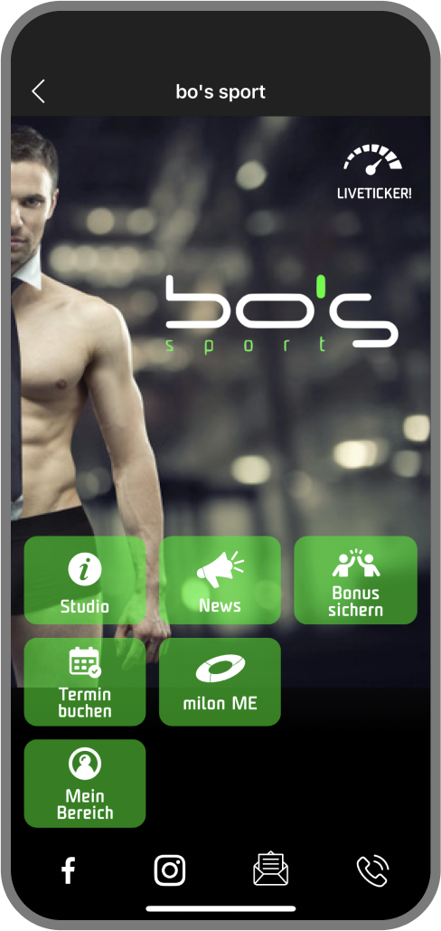 Screenshot der Branded Member App von bo's sport - Homescreen myFitApp