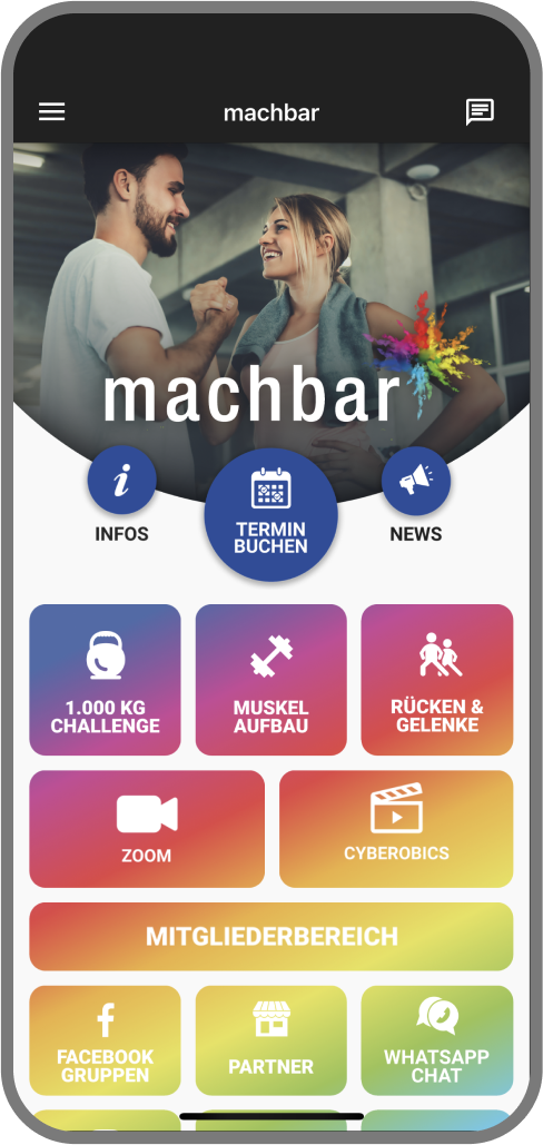 Screenshot der Branded Member App von machbar - Homescreen myFitApp