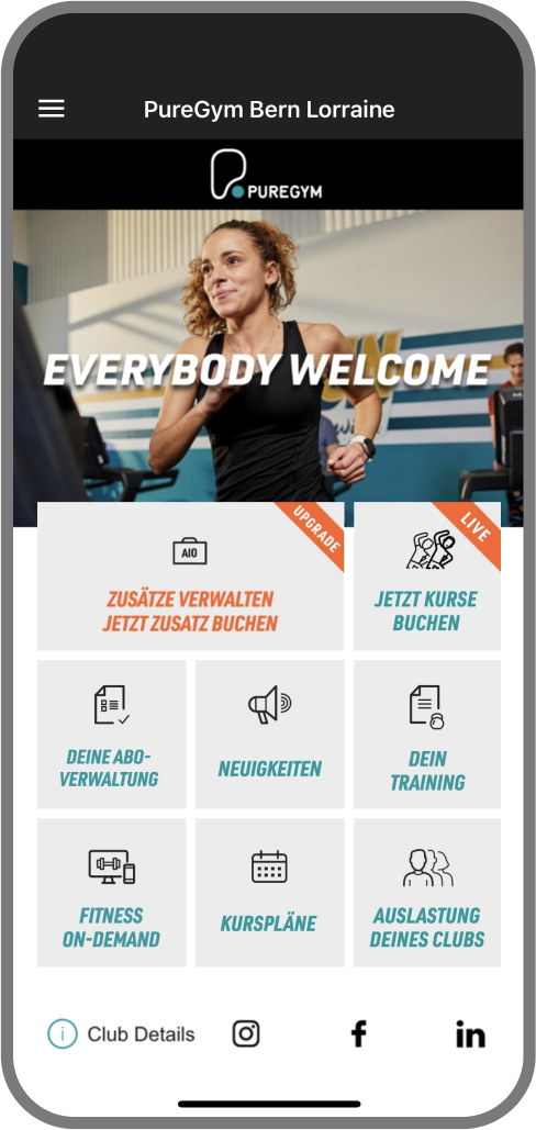 Screenshot der Branded Member App von PureGym - Homescreen myFitApp