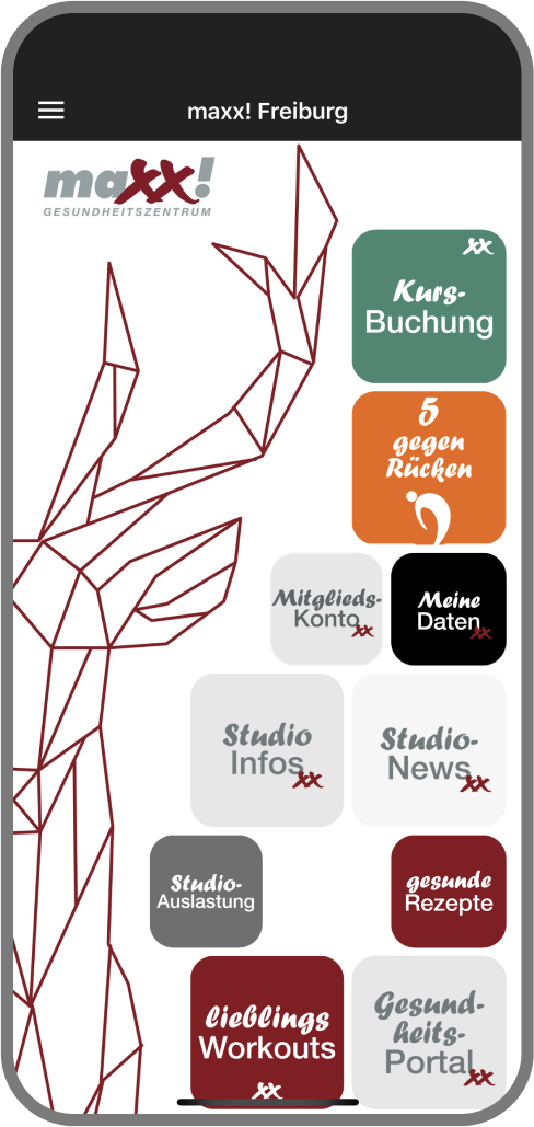 Screenshot der Branded Member App von maxx! Freiburg - Homescreen myFitApp