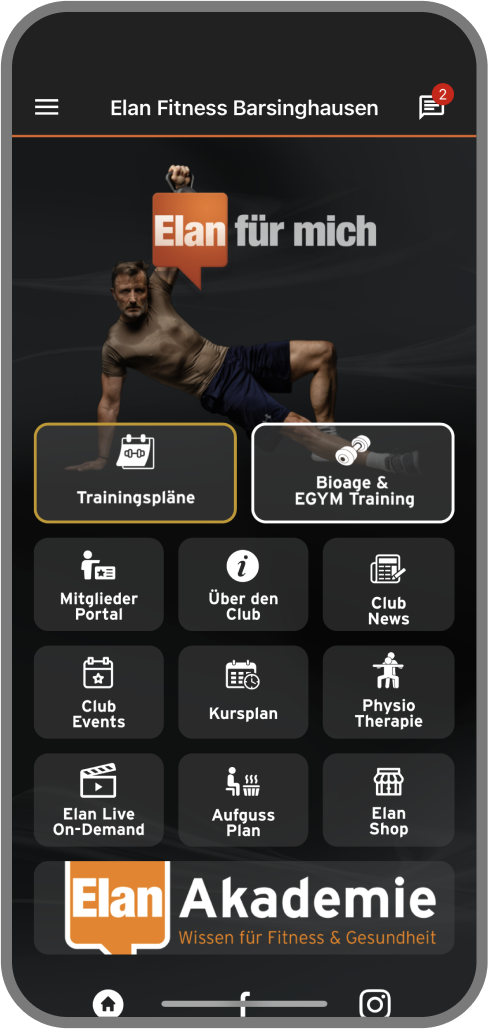 Screenshot der Branded Member App von ELAN - Homescreen myFitApp