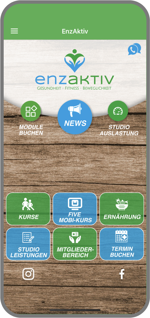Screenshot der Branded Member App von EnzAktiv - Homescreen myFitApp