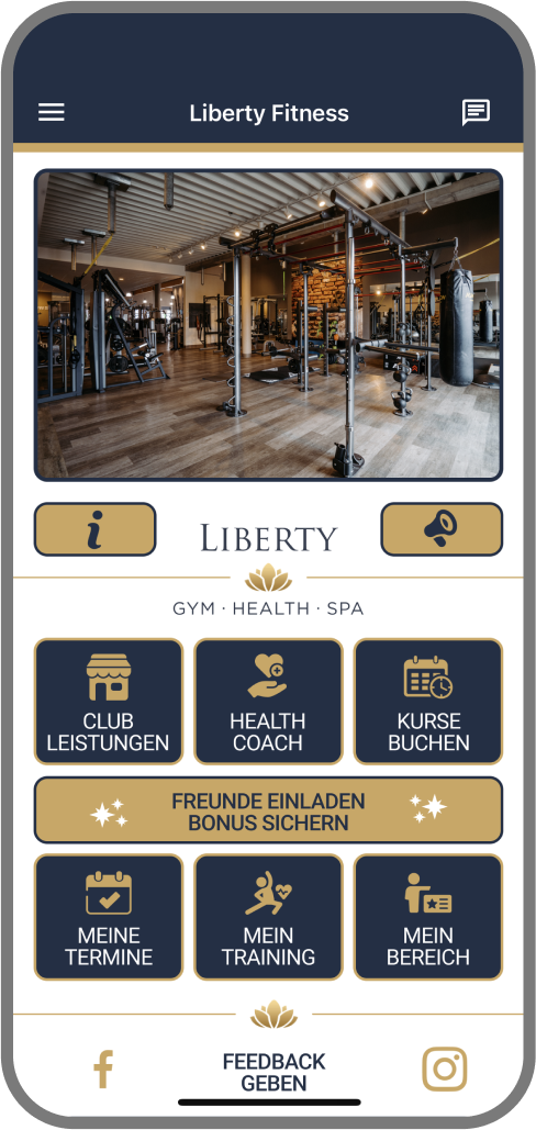 Screenshot der Branded Member App von Liberty Fitness - Homescreen myFitApp