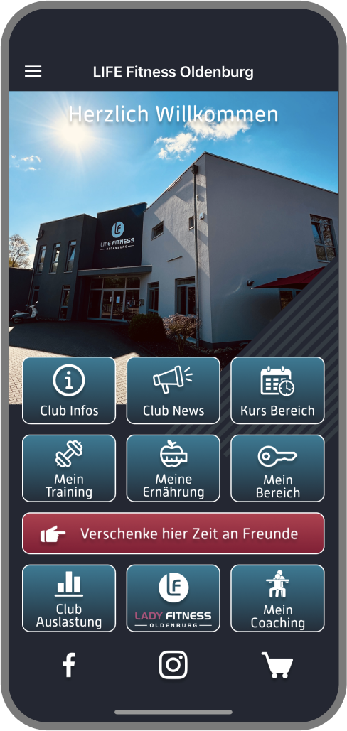Screenshot der Branded Member App von Life Fitness Oldenburg - Homescreen myFitApp