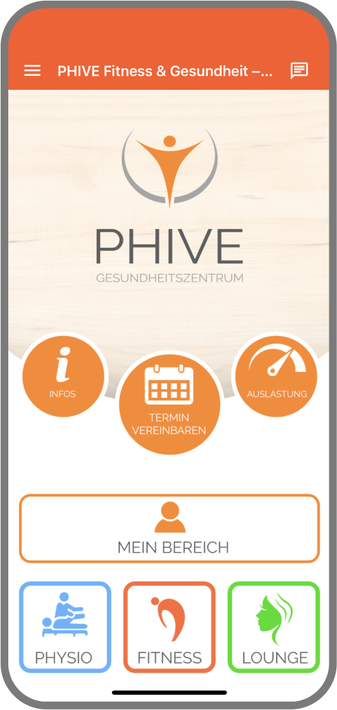 Screenshot der Branded Member App von PHIVE - Homescreen myFitApp