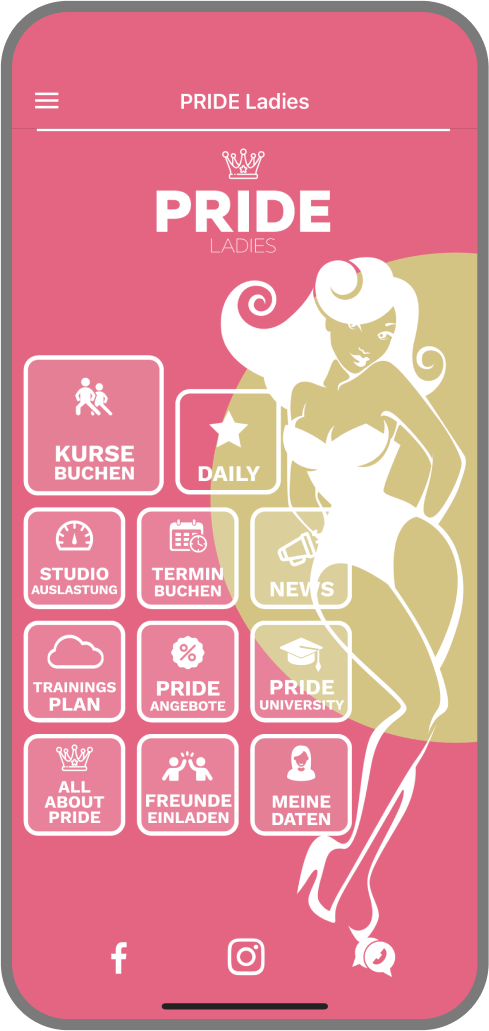 Screenshot der Branded Member App von Pride Ladies - Homescreen myFitApp