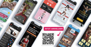 Webinar-Reihe: Mach mehr aus Deiner App - QR Code zum Anmelden zum Webinar umgeben von Homscreens der deutschen myFitApp Kunden