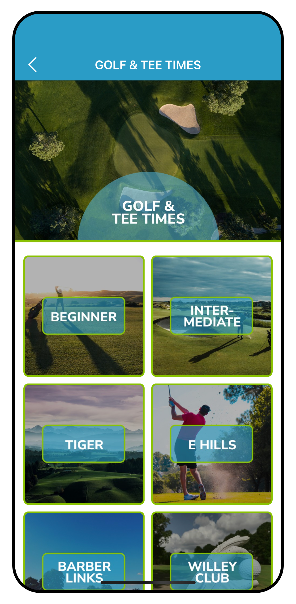 Golf and tee times app screen Golf and tee times app screen